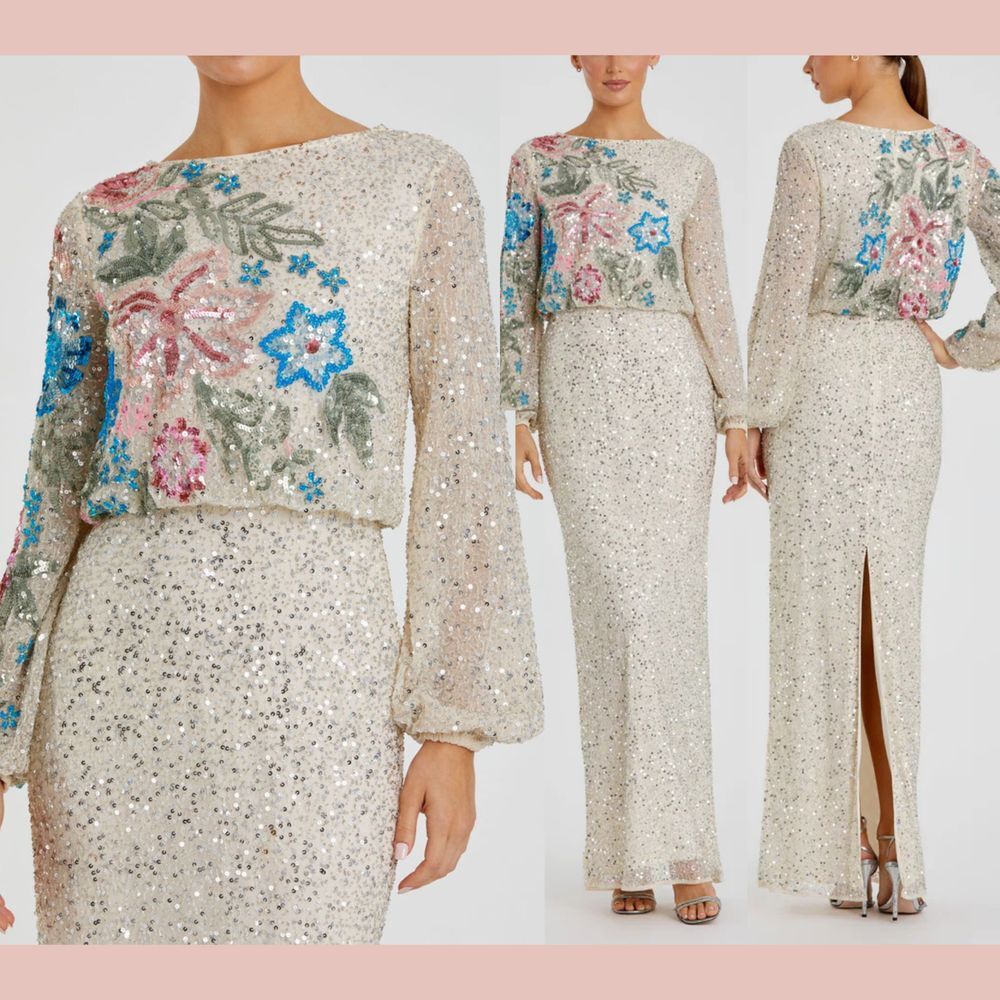 NWT Mac Duggal [ 6 ] 5615 Embellished Floral High Neck Gown Nude‎ Silver